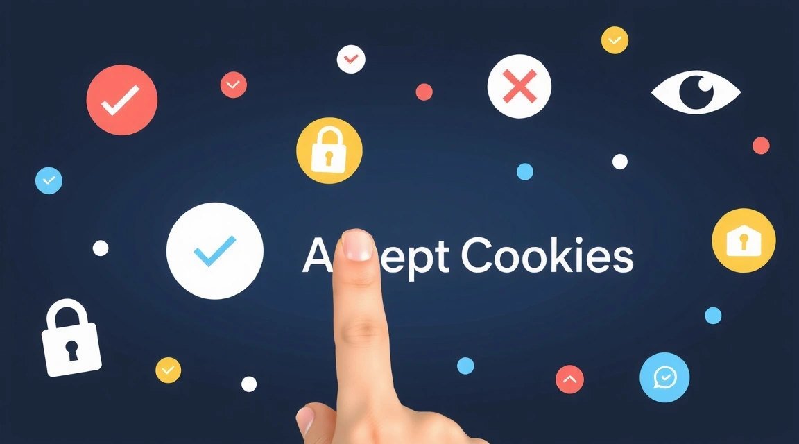 Illustration d'une main cliquant sur un bouton de consentement avec des icônes de confidentialité