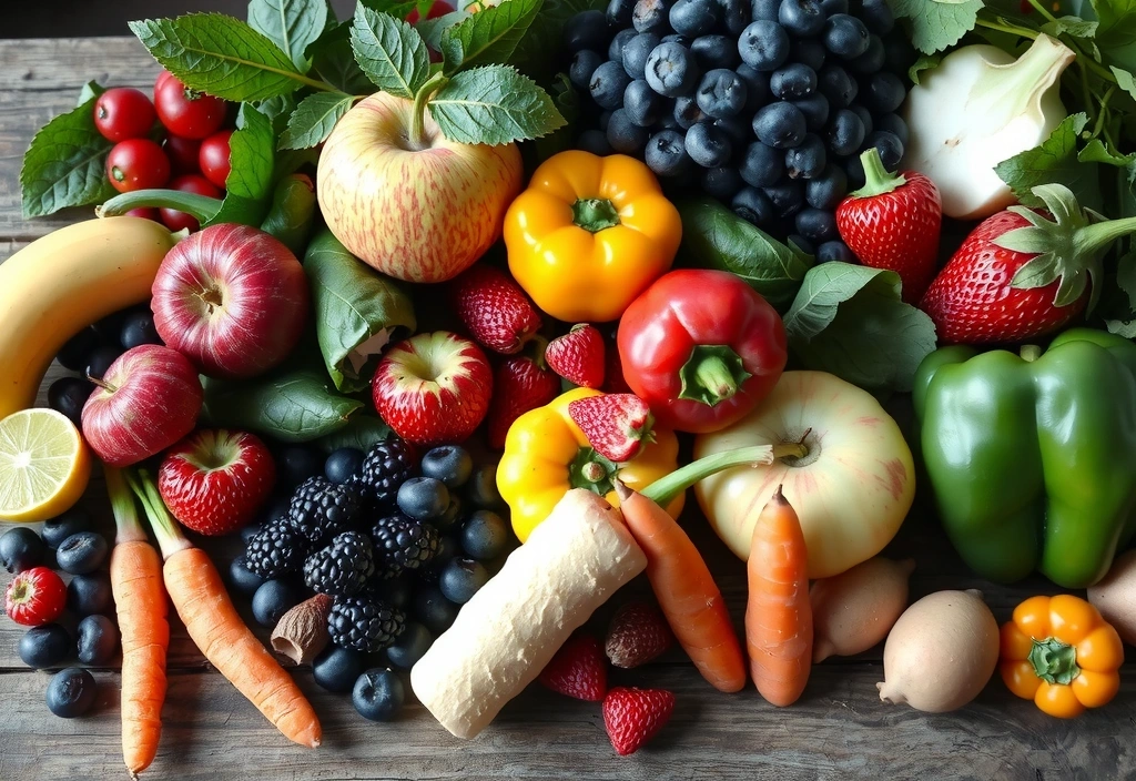 Assortiment de fruits et légumes frais sur une table en bois