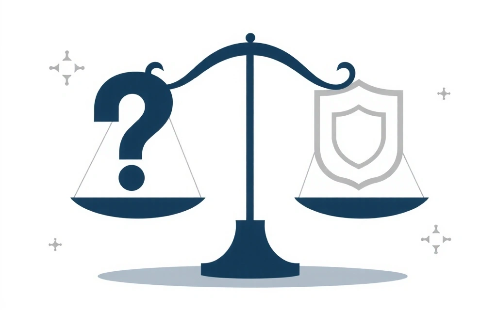 A balanced scale with a question mark on one side and a shield on the other, symbolizing legal disclaimer